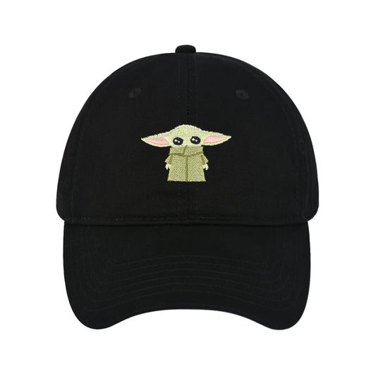 Close-up of embroidered Grogu design on cotton hat