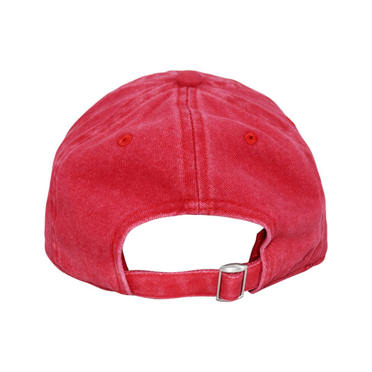 Close up of embroidered Spider-Man emblem on red and blue hat