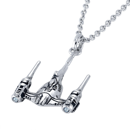 Close-up of Naboo N-1 Starfighter pendant with light blue cubic zirconia crystals