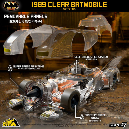 Clear translucent Batmobile toy vehicle with removable cockpit panel