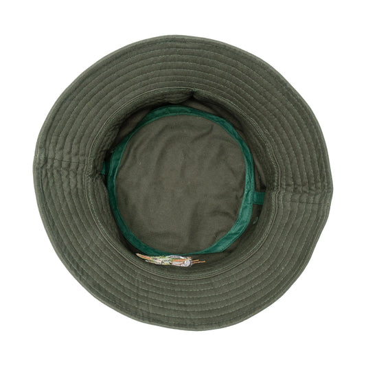 The Child Grogu green corduroy bucket hat close-up embroidery detail