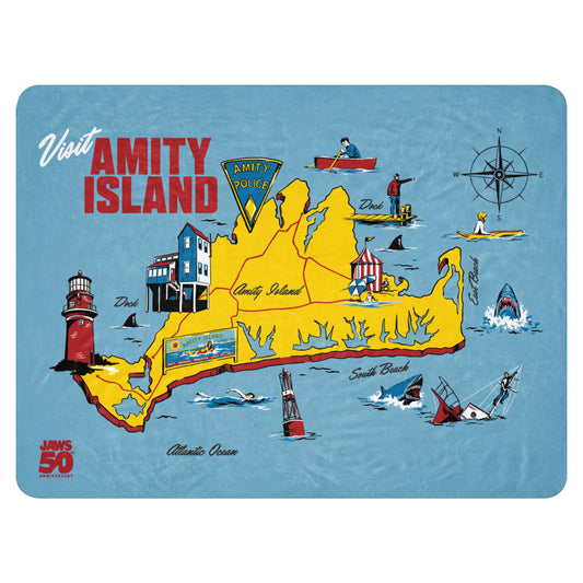 Jaws 50th Anniversary Amity Island Sherpa Blanket 60 in x 80 in