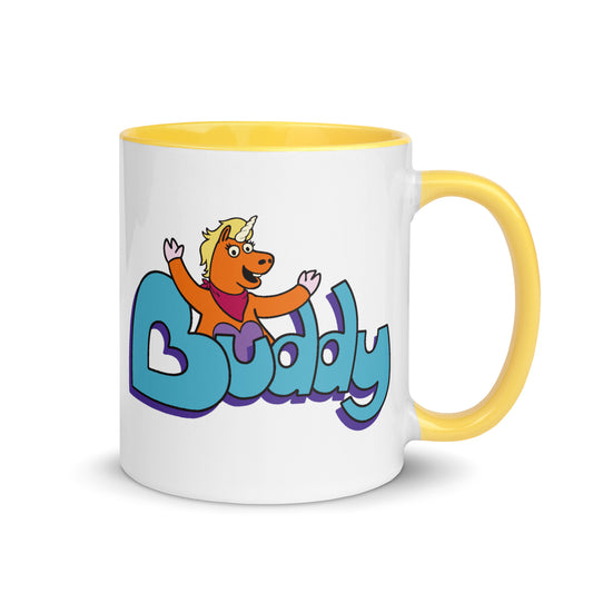 Buddy Mascot Logo printed on a white ceramic mug