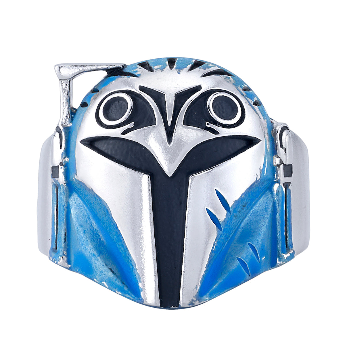 Front view of Star Wars Bo-Katan Helmet Ring in sterling silver with blue enamel