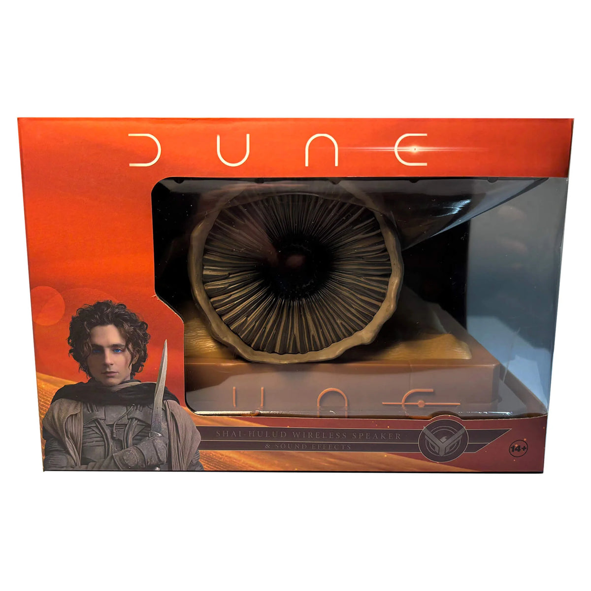 Lifestyle product shot of the Shai-Hulud speaker displayed on a modern entertainment shelf