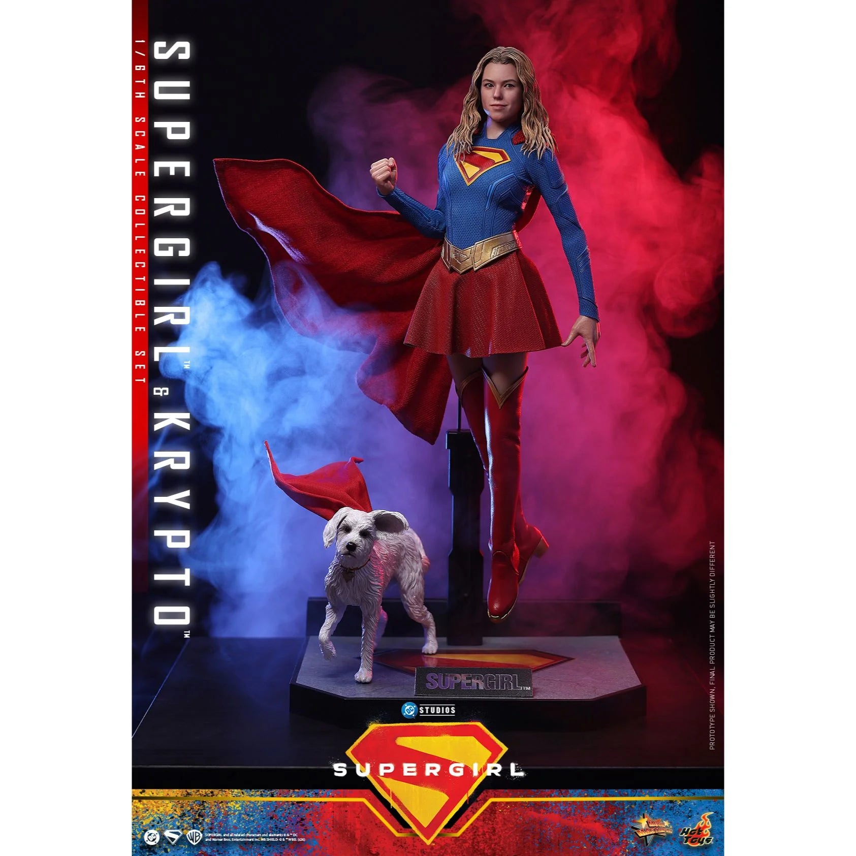 Supergirl and Krypto sixth scale figures by Hot Toys set against a cinematic background.
