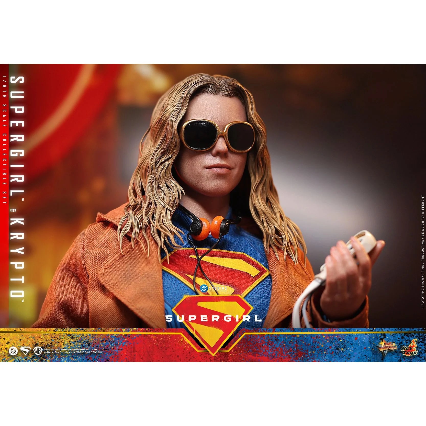 Supergirl sixth scale figure in a heroic mid-air flying pose with a weighted fabric cape.