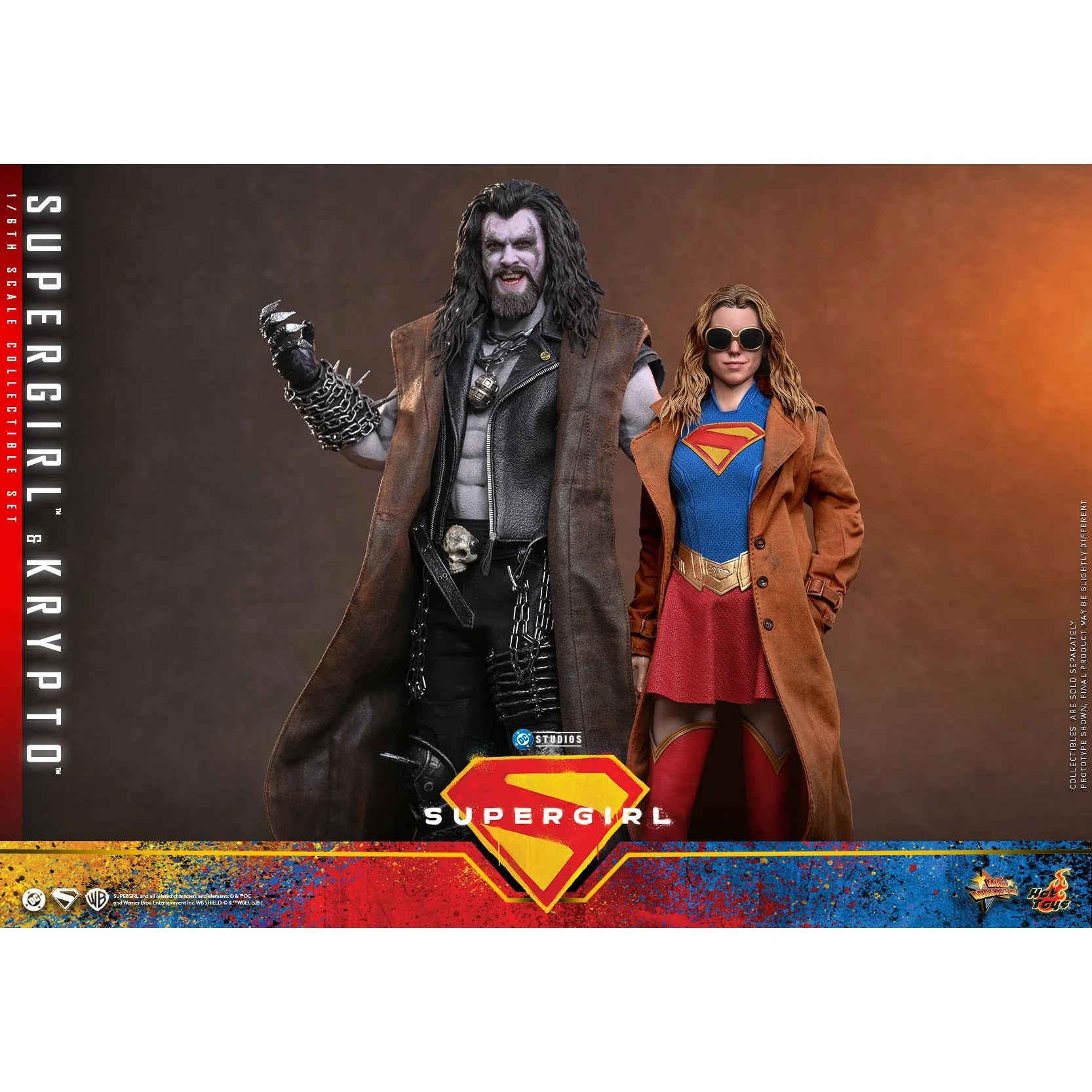 Supergirl and Krypto standing together on a custom-designed figure base with the movie logo.