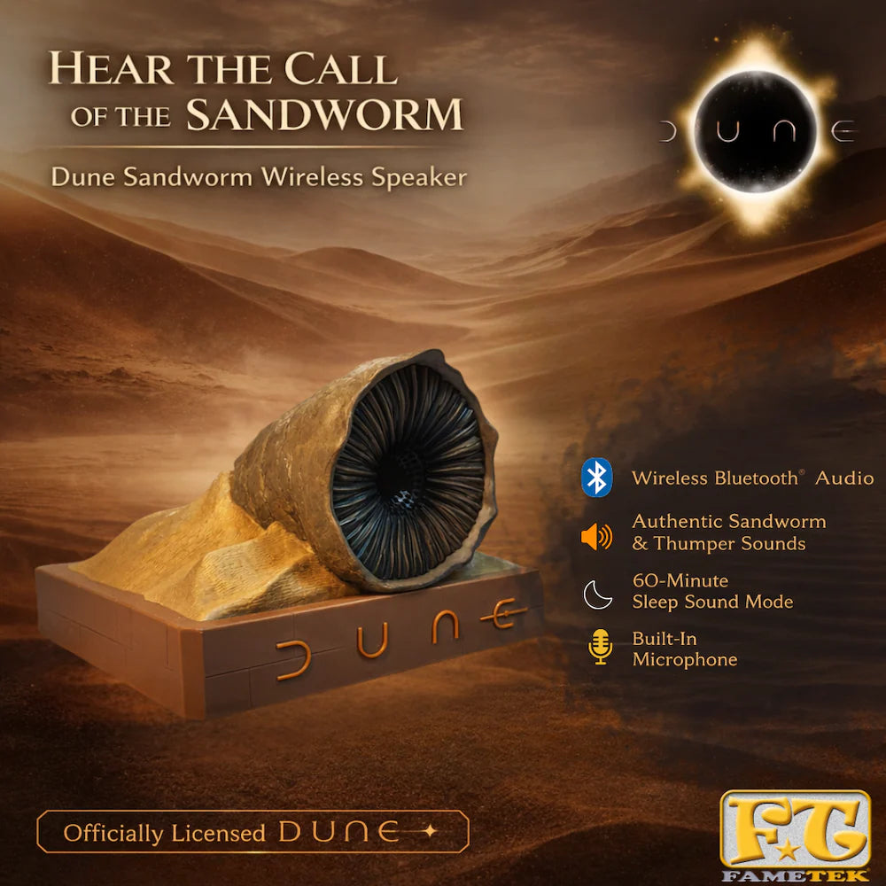 Hero promotional shot of the fully assembled Dune Shai-Hulud collectible speaker