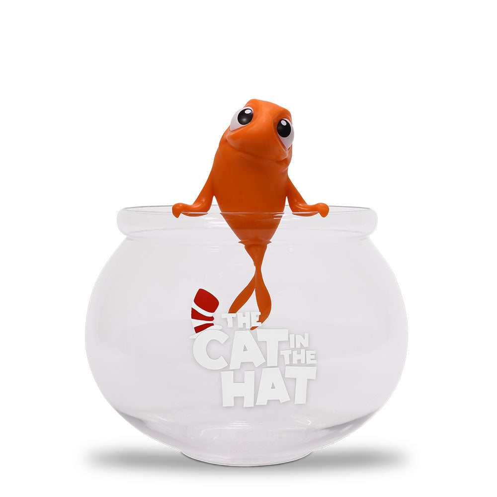 The Cat in the Hat fish bowl popcorn bucket viewed from the front, showcasing the clear bowl shape