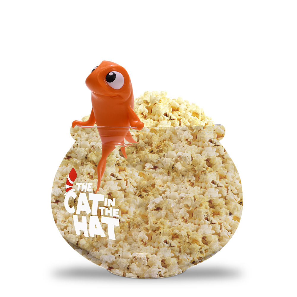 Side angle of The Cat in the Hat fish bowl popcorn bucket on a neutral background