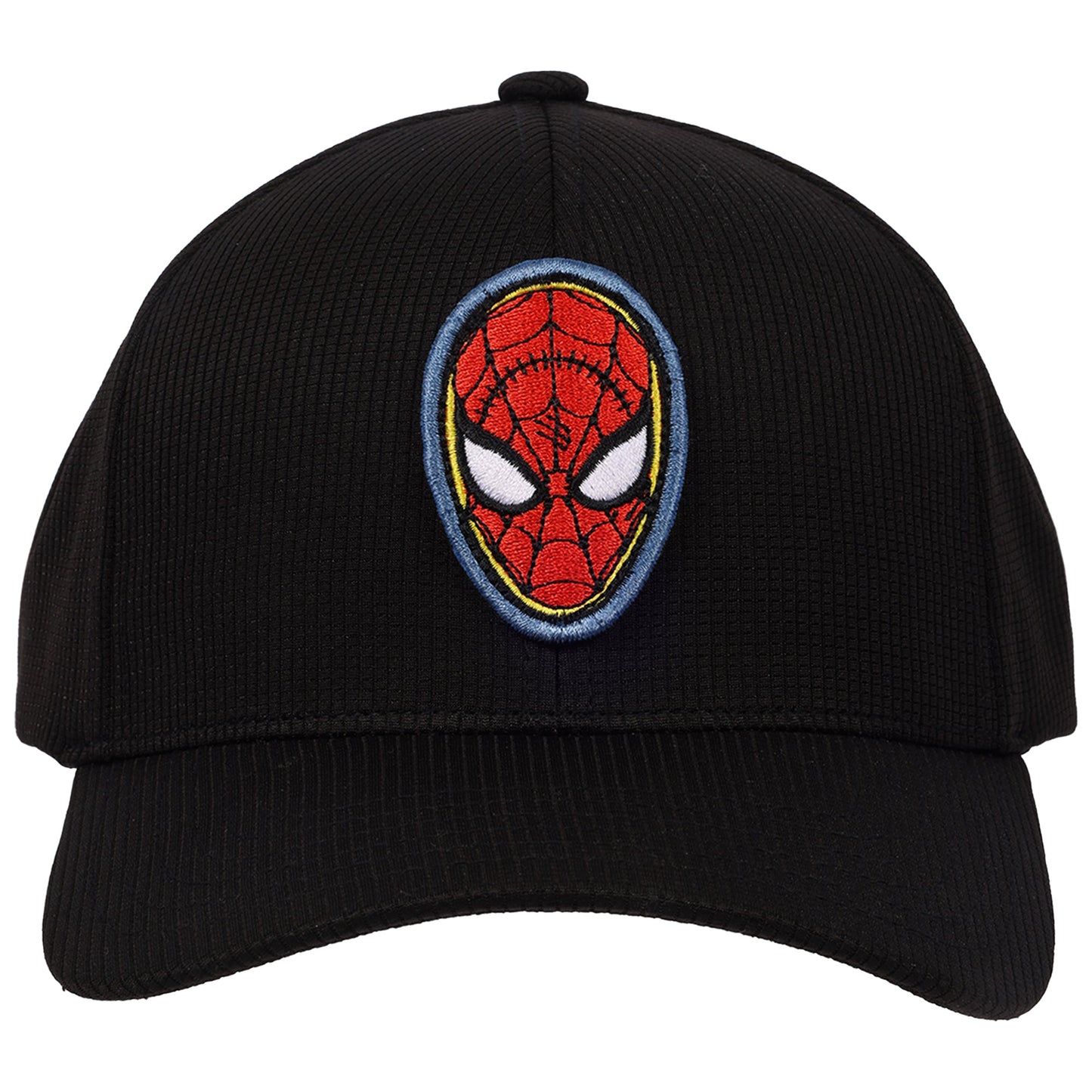 Side profile of the Spider-Man stretch-fit baseball hat showing the curved brim.