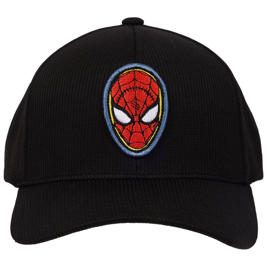 Side profile of the Spider-Man stretch-fit baseball hat showing the curved brim.