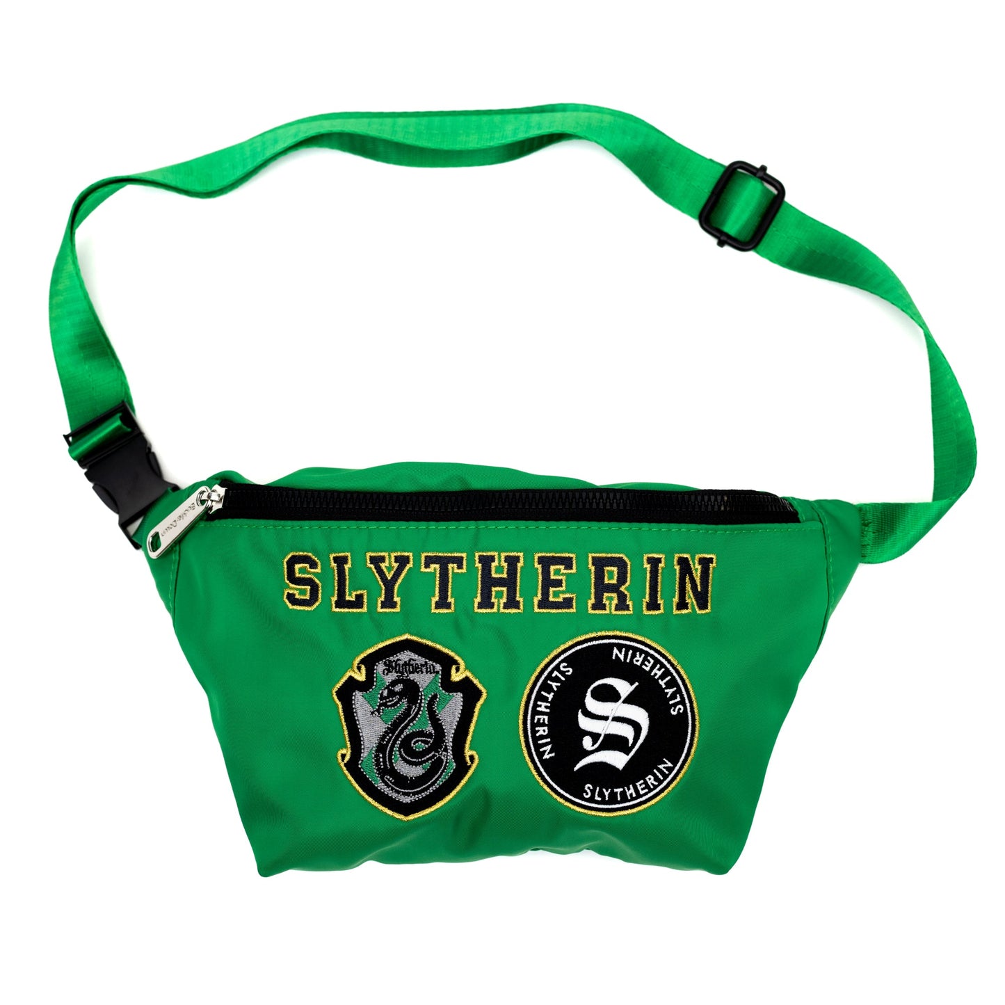 Detailed close-up of the embroidered Slytherin serpent house patches.