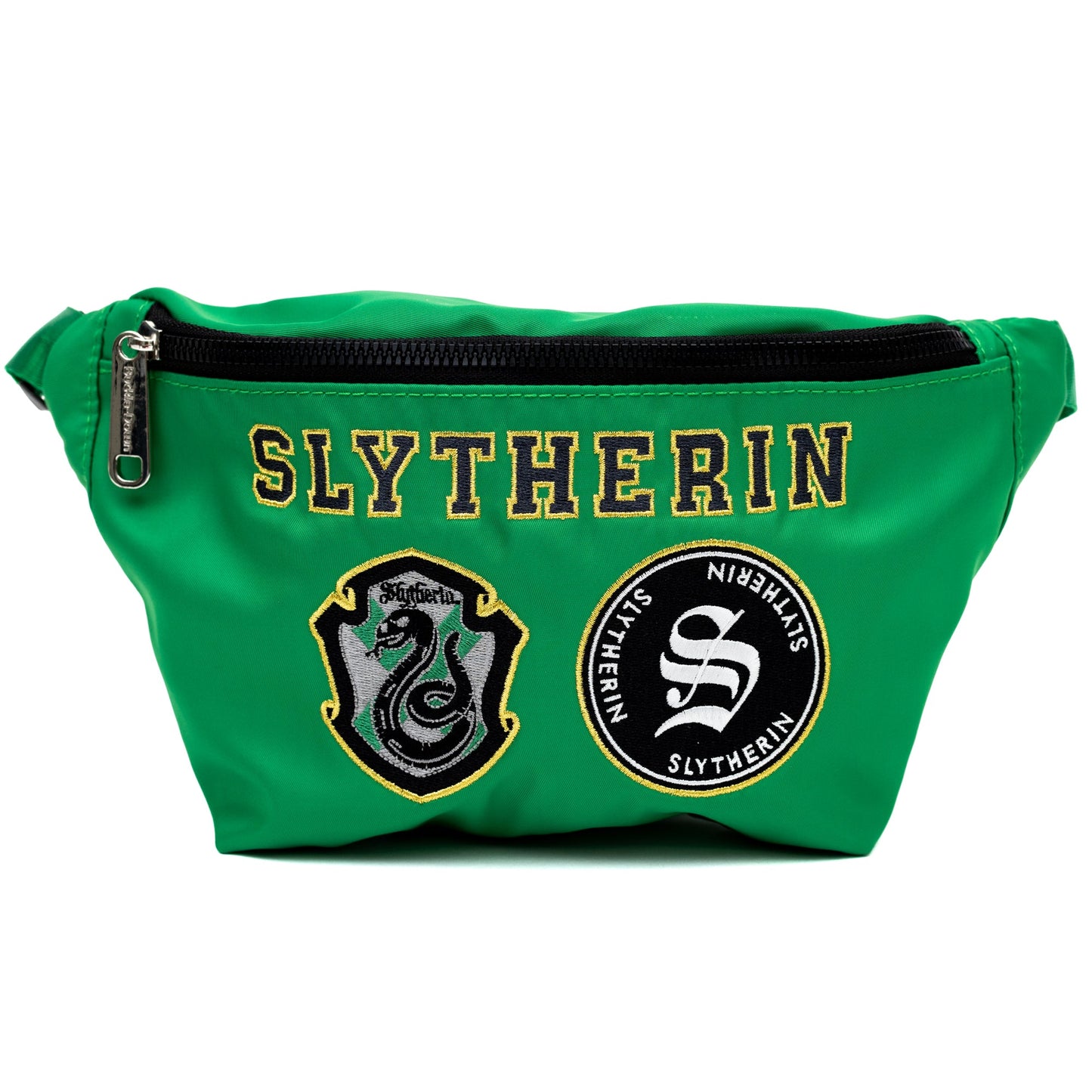 Front view of the green Harry Potter Slytherin fanny pack with embroidered patches.