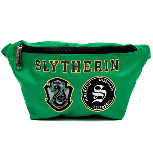 Front view of the green Harry Potter Slytherin fanny pack with embroidered patches.