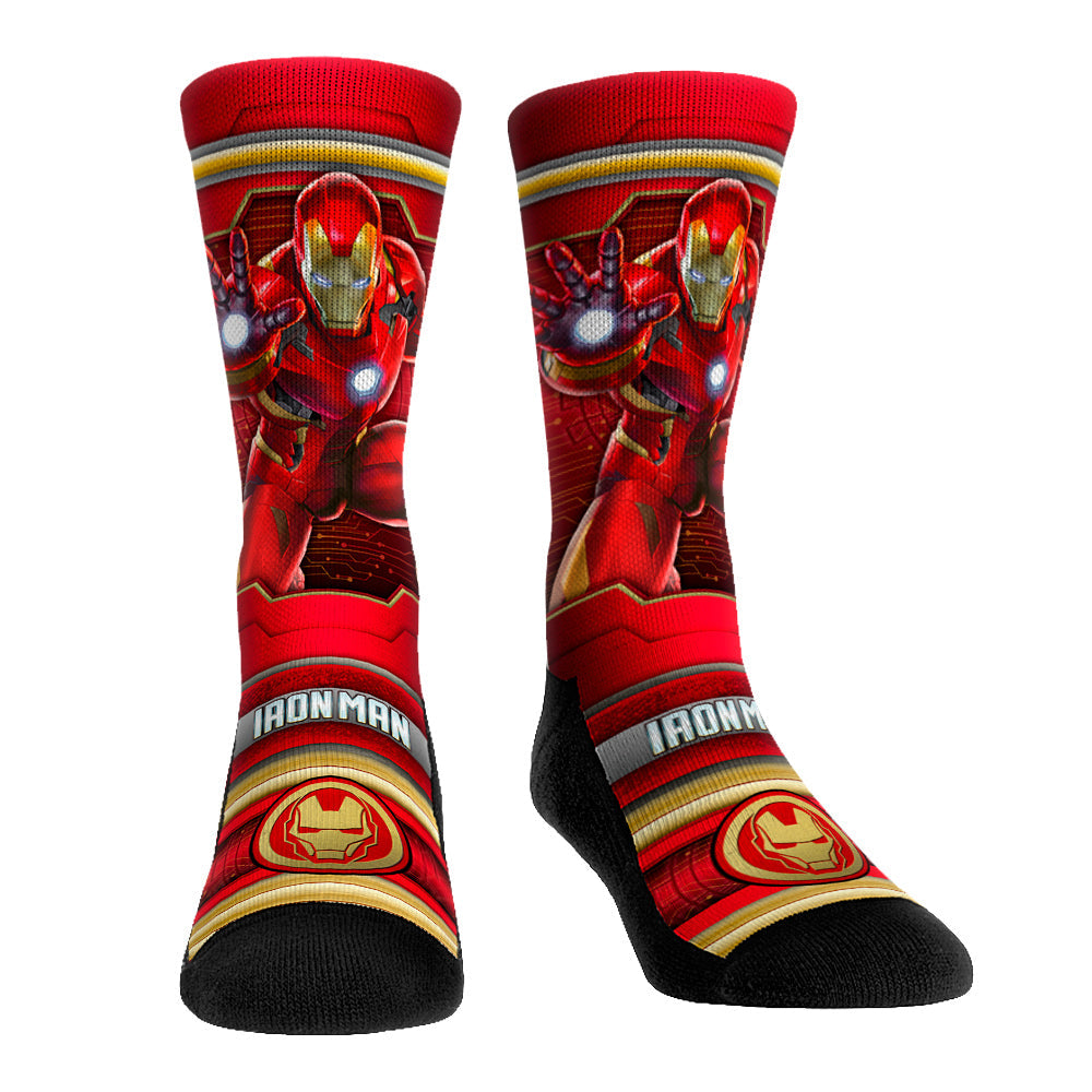 Rock 'Em Socks Iron Man Hero Pose crew socks featuring a dynamic graphic of Iron Man in armor