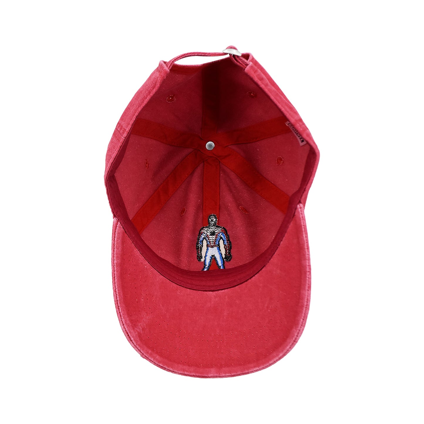 Side profile of Spider-Man 100 percent cotton hat showing curved brim
