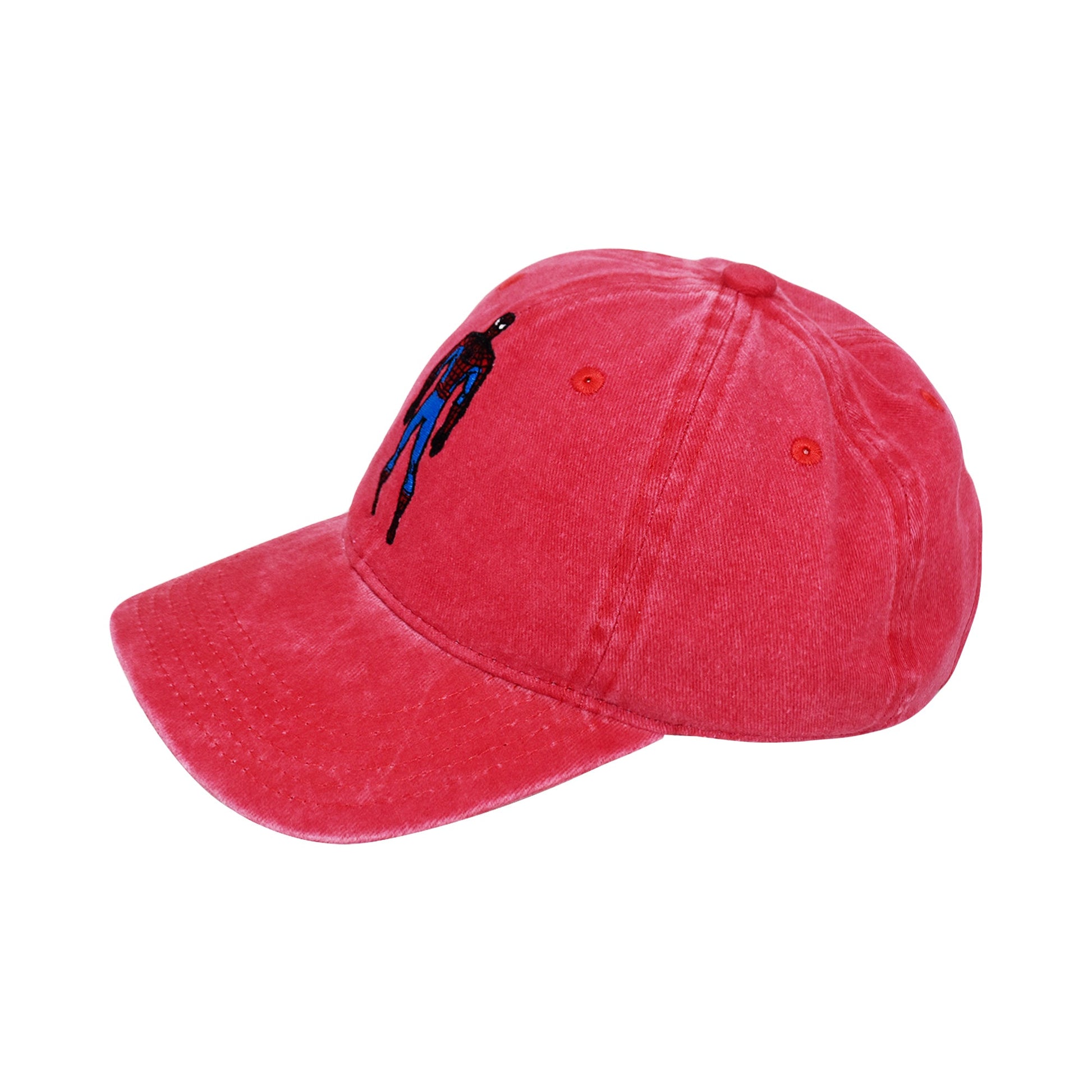 Top view of the washed cotton fabric on the Spider-Man dad hat