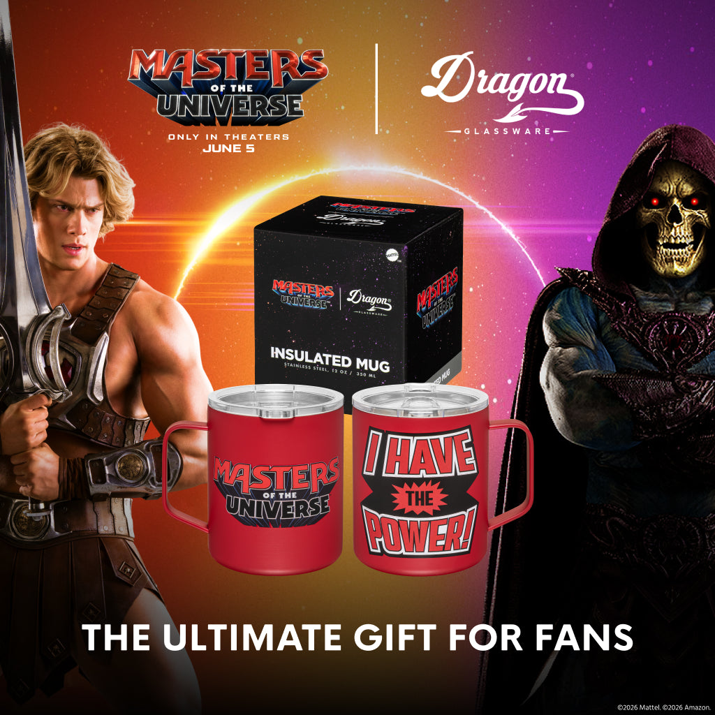 Angled shot of the cinematic typography on the MOTU drinkware