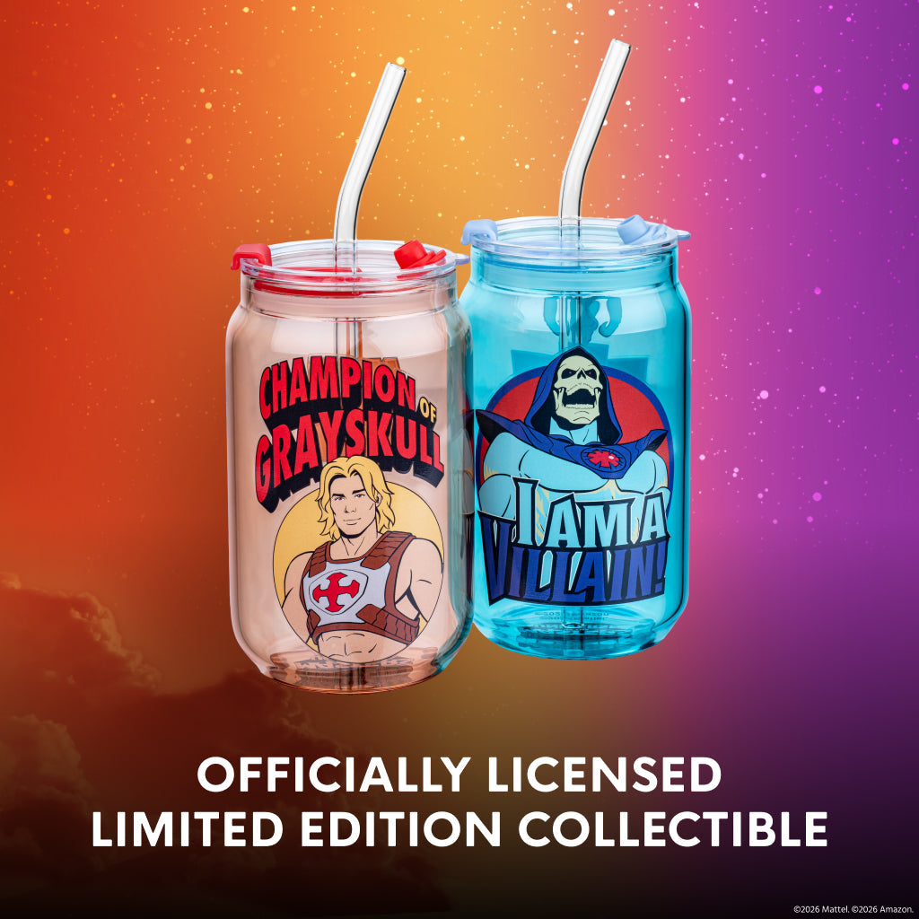Weighted drinking glasses with Masters of the Universe movie art