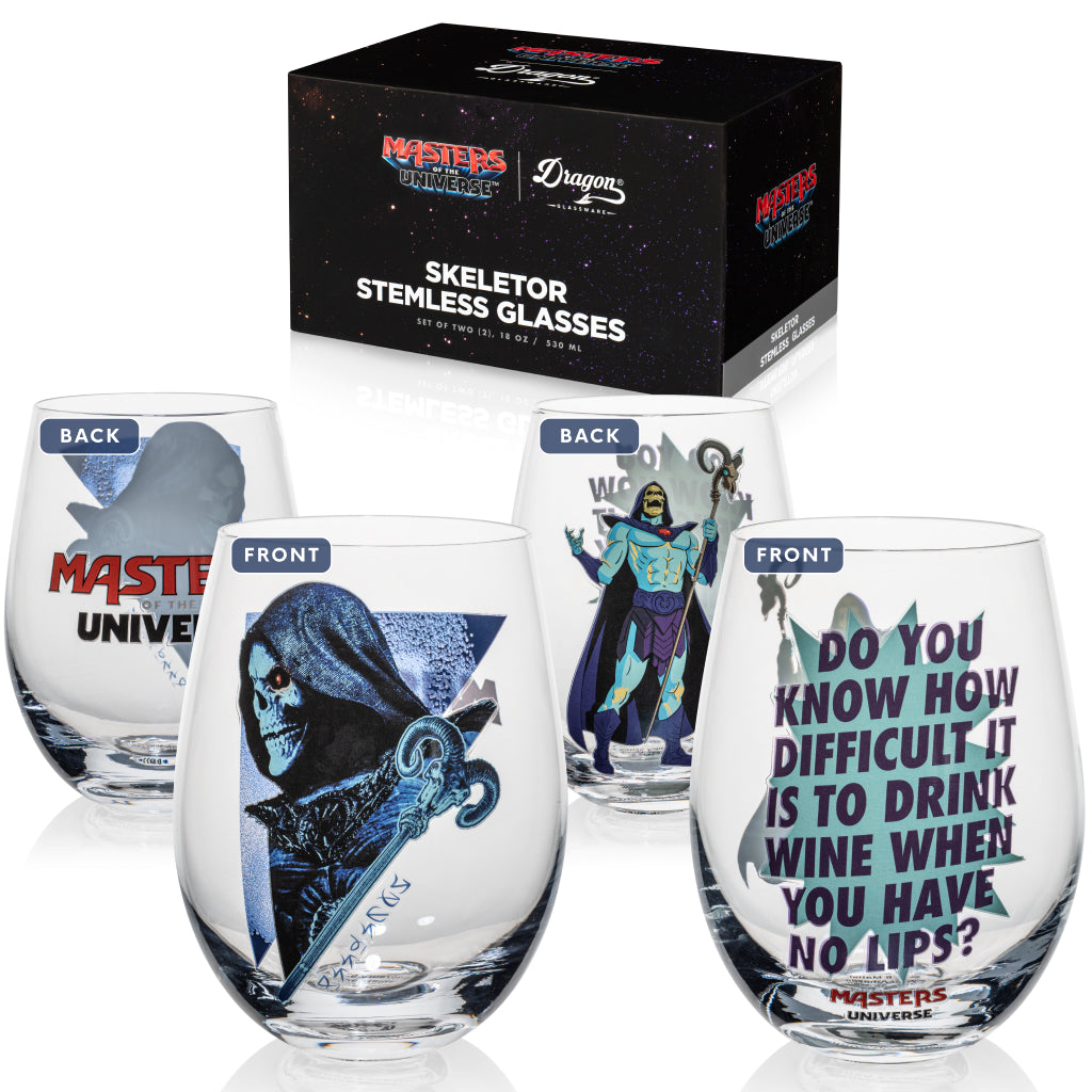 Masters of the Universe Skeletor stemless wine glass featuring 2026 movie skull design