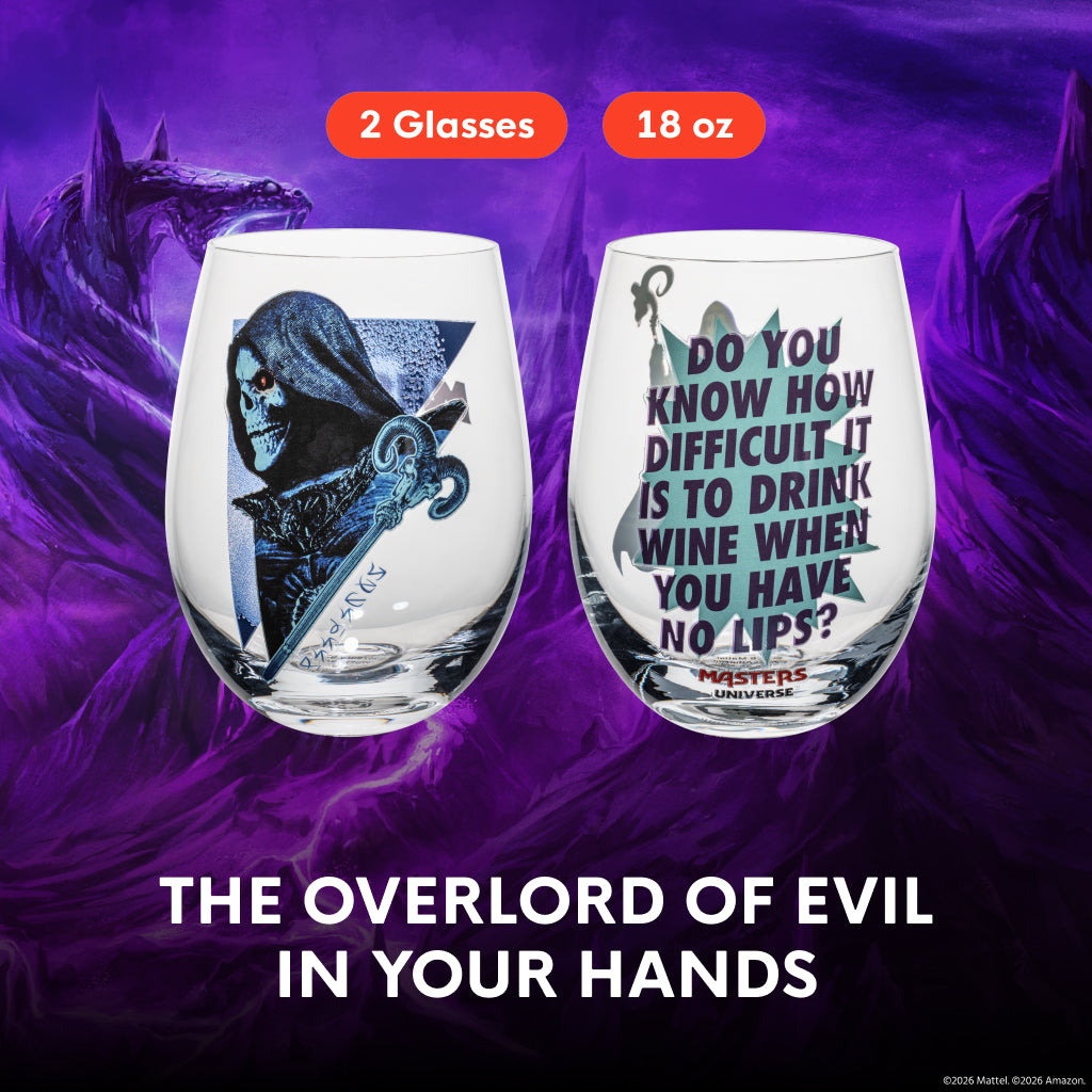Close up of Skeletor etched design on a Dragon Glassware crystal wine glass