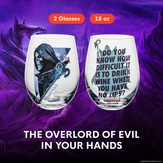 Close up of Skeletor etched design on a Dragon Glassware crystal wine glass