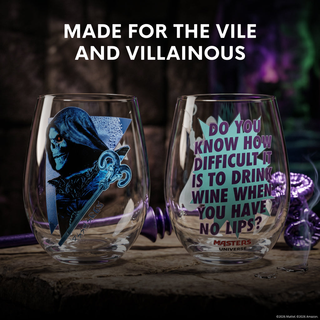 Masters of the Universe 2026 Movie Skeletor glasses held in hand showing size