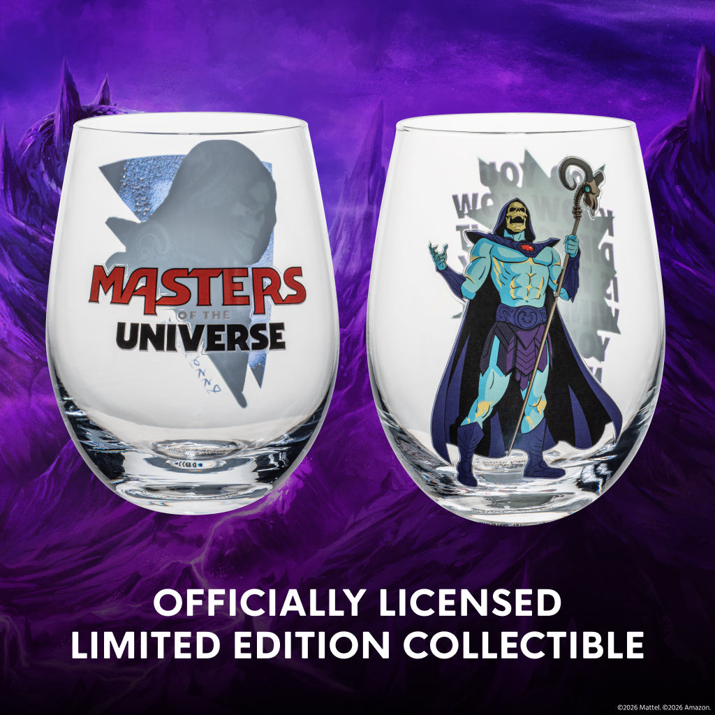 Skeletor stemless wine glass by Dragon Glassware showing crystal clarity