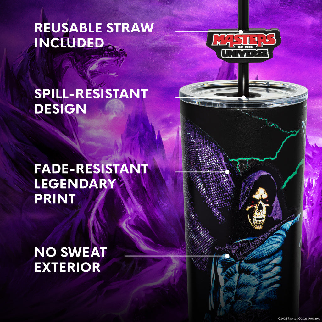 Skeletor tumbler showing bone-white and purple color palette