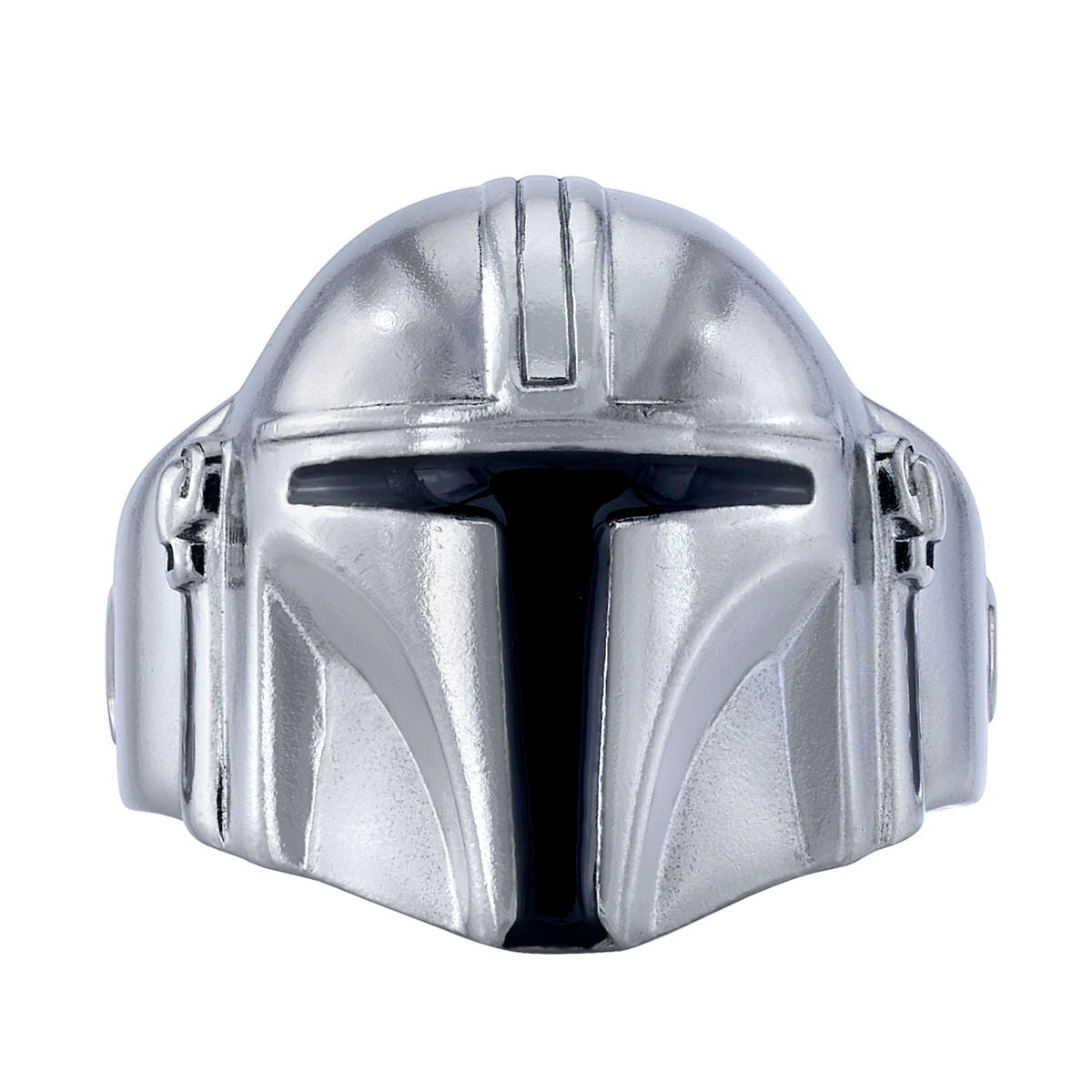 Close-up of Star Wars x RockLove Mandalorian Helmet Ring in gunmetal finish