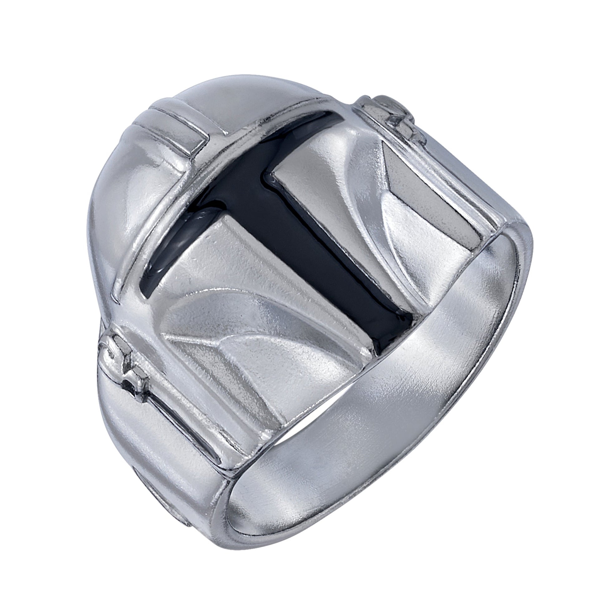 Side view of the Mandalorian Helmet Ring showing sculpted beskar details