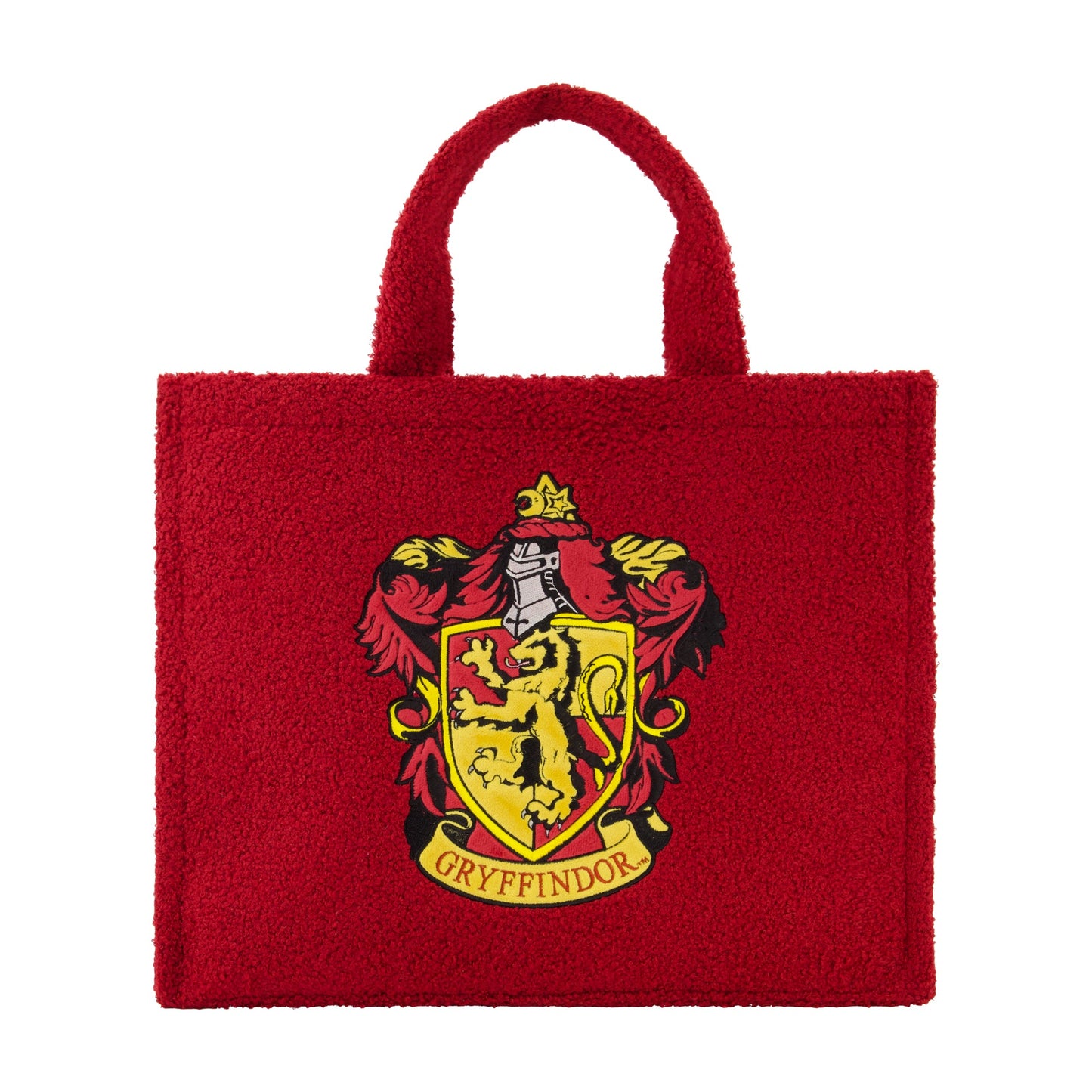 Harry Potter Gryffindor Crest Sherpa Travel Tote in burgundy showing the front crest.