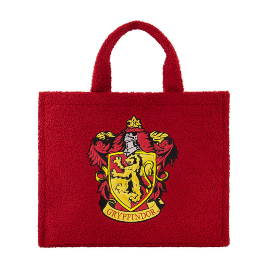 Harry Potter Gryffindor Crest Sherpa Travel Tote in burgundy showing the front crest.