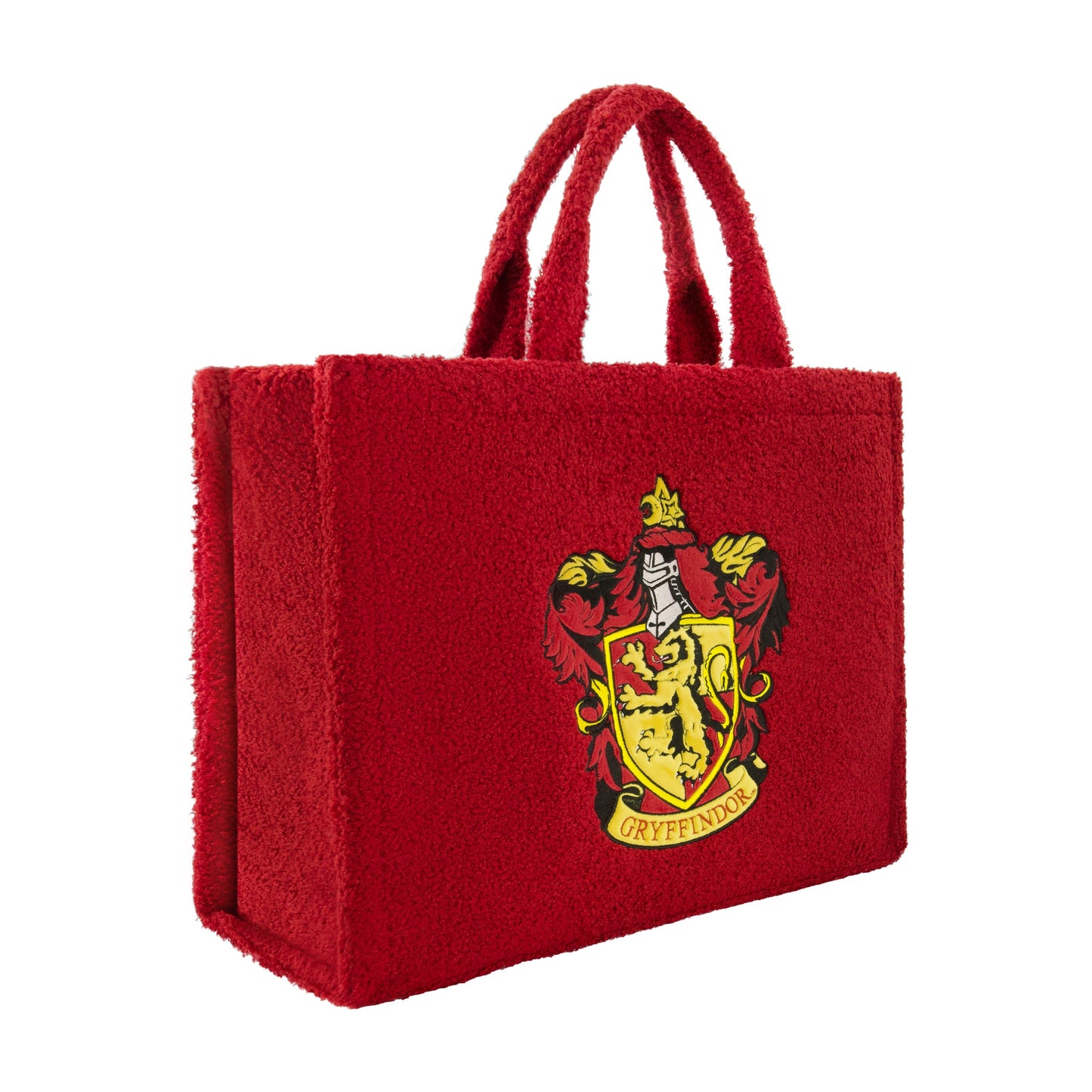 Side profile of the sherpa tote bag showing its 8.5 inch depth and textured fabric.