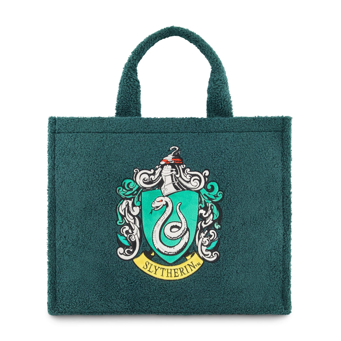Harry Potter Slytherin Crest Sherpa Travel Tote front view showing emerald green fabric and crest