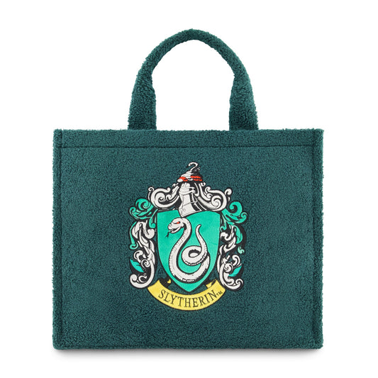 Harry Potter Slytherin Crest Sherpa Travel Tote front view showing emerald green fabric and crest