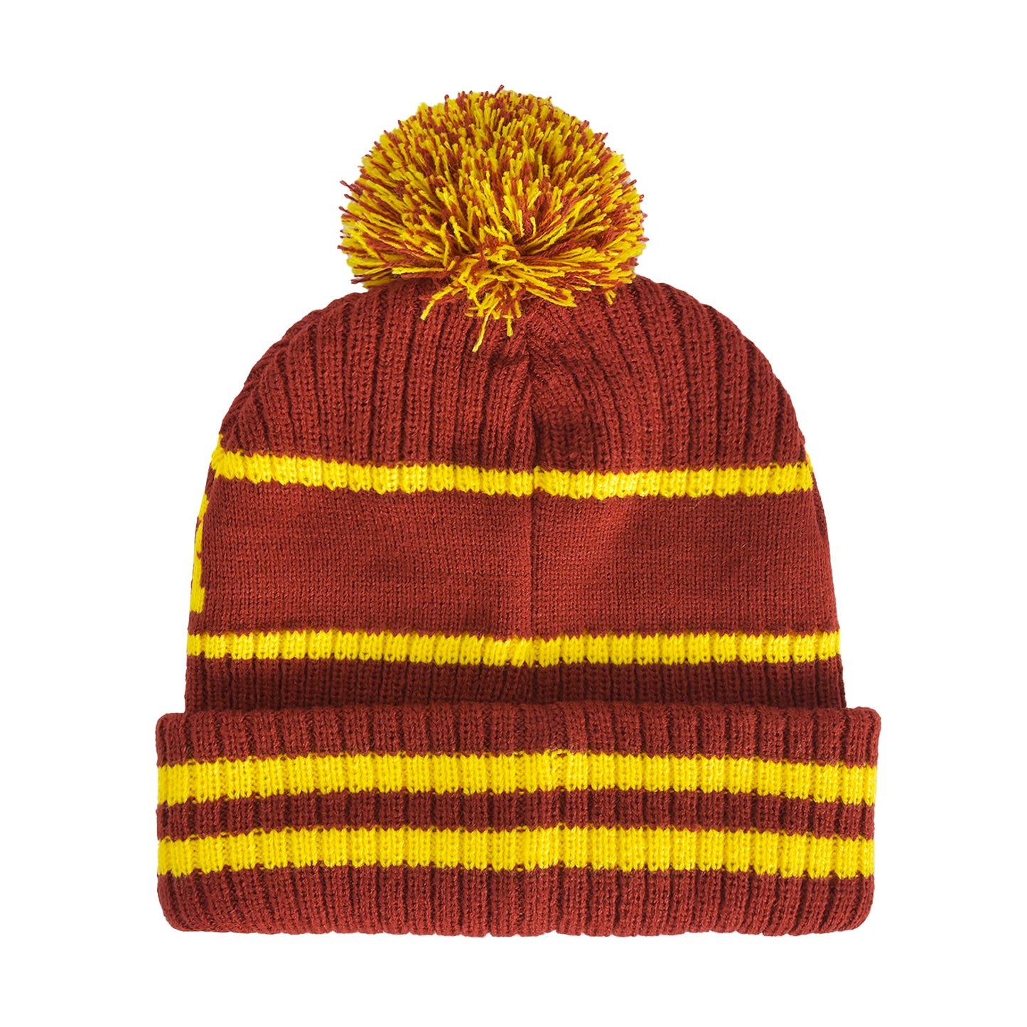 Detail view of the knit Gryffindor text and yellow G logo on the beanie cuff.
