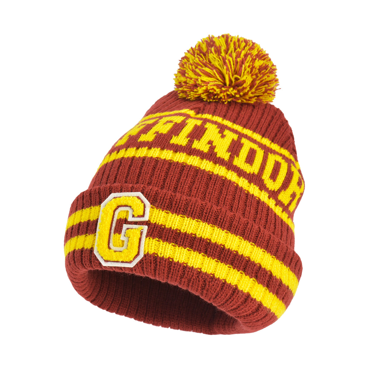 Close-up of the multi-tonal red and yellow pom pom on the top of the knit hat.