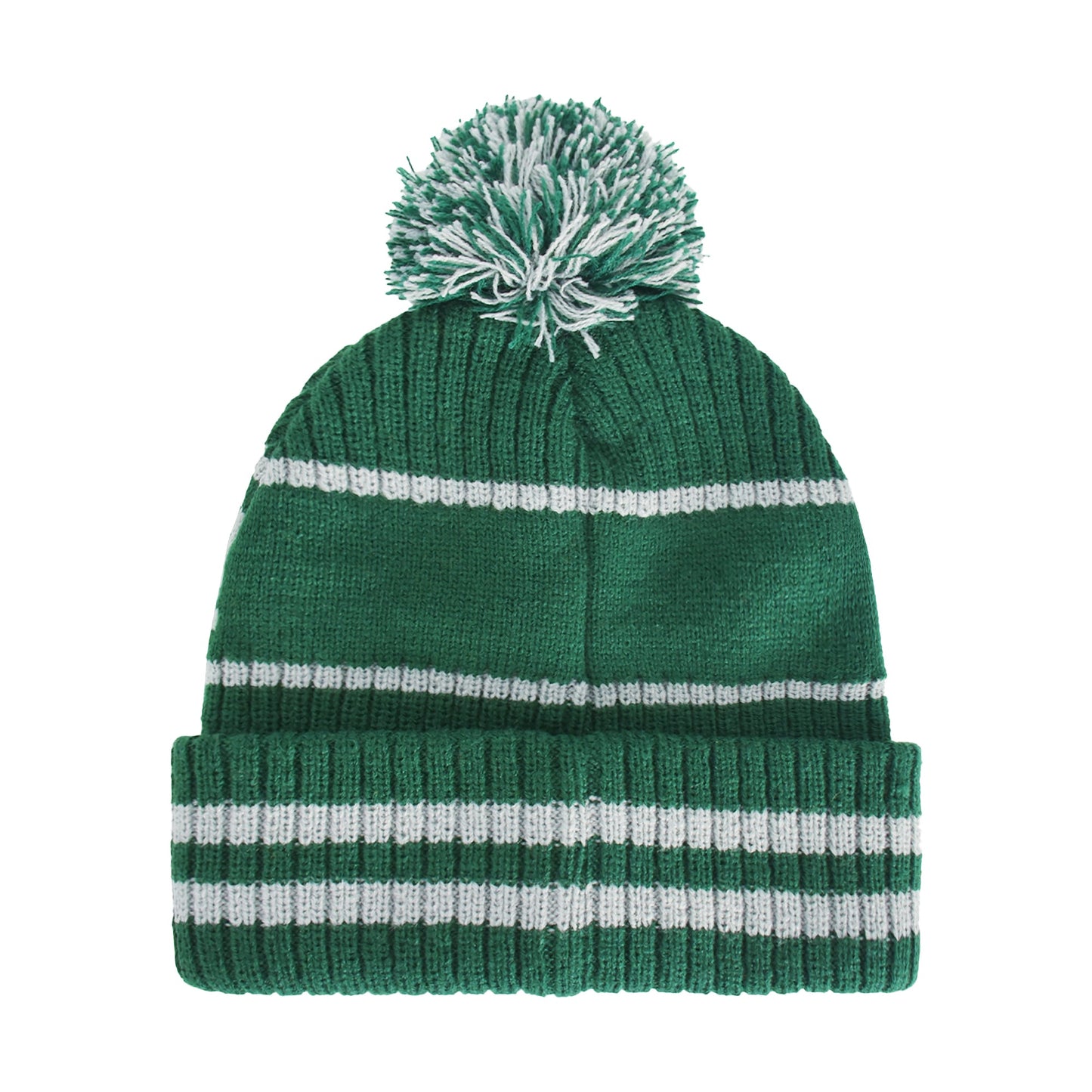 Angled view of the Slytherin beanie highlighting the Slytherin wordmark on the crown and the green and white pom pom.