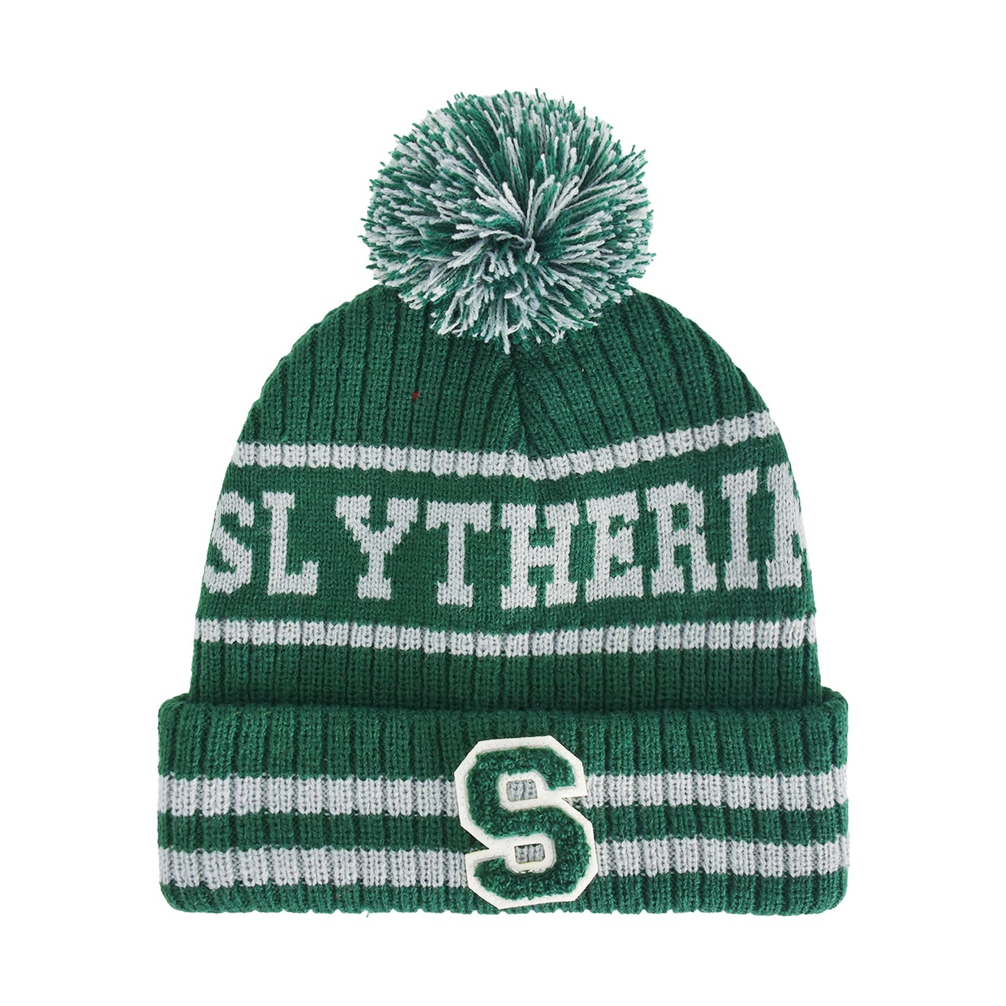 Front view of the green and white Harry Potter Slytherin beanie showing the embroidered S house logo on the cuff.