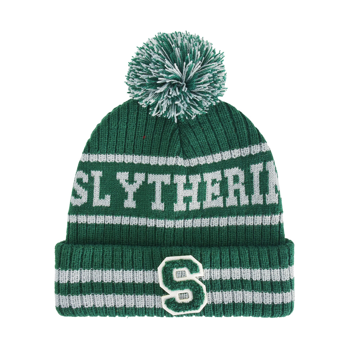 Front view of the green and white Harry Potter Slytherin beanie showing the embroidered S house logo on the cuff.