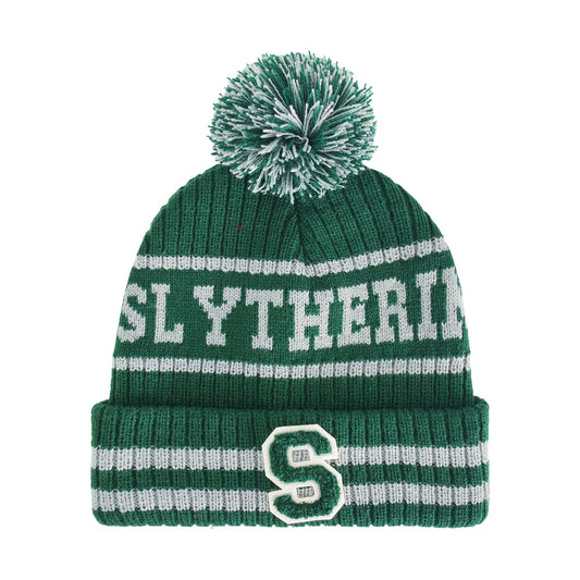 Front view of the green and white Harry Potter Slytherin beanie showing the embroidered S house logo on the cuff.