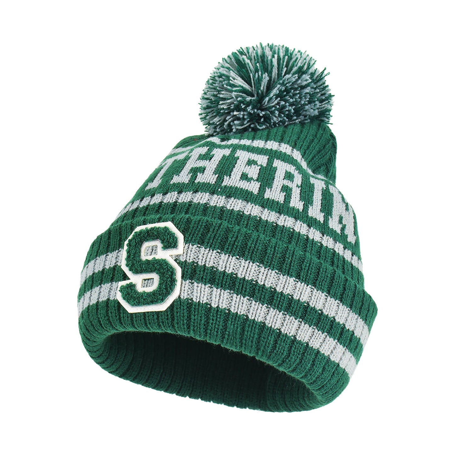 Detailed close-up of the knit texture and collegiate stripes on the Harry Potter Slytherin house beanie.