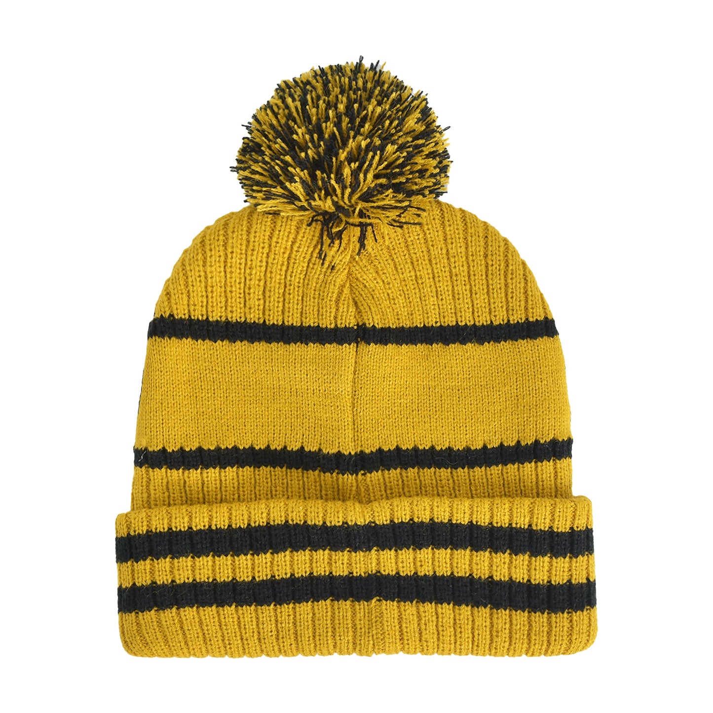 Side angle of the Hufflepuff collegiate beanie highlighting the black stripes and knit texture.