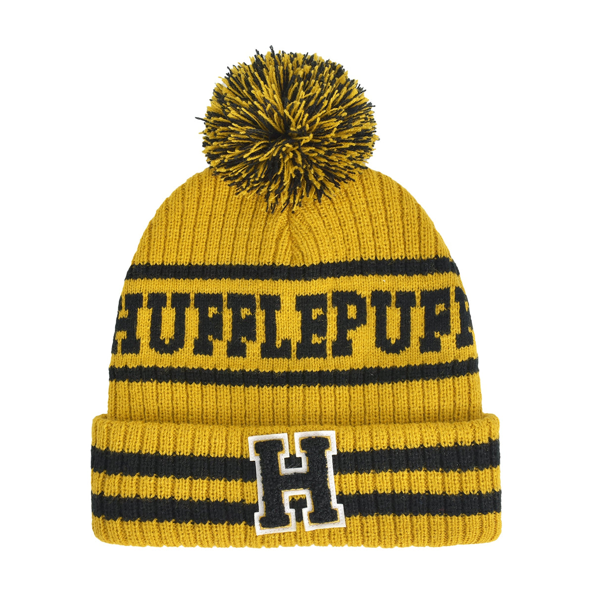 Front view of the Harry Potter Hufflepuff yellow beanie showing the black Hufflepuff text and pom pom.