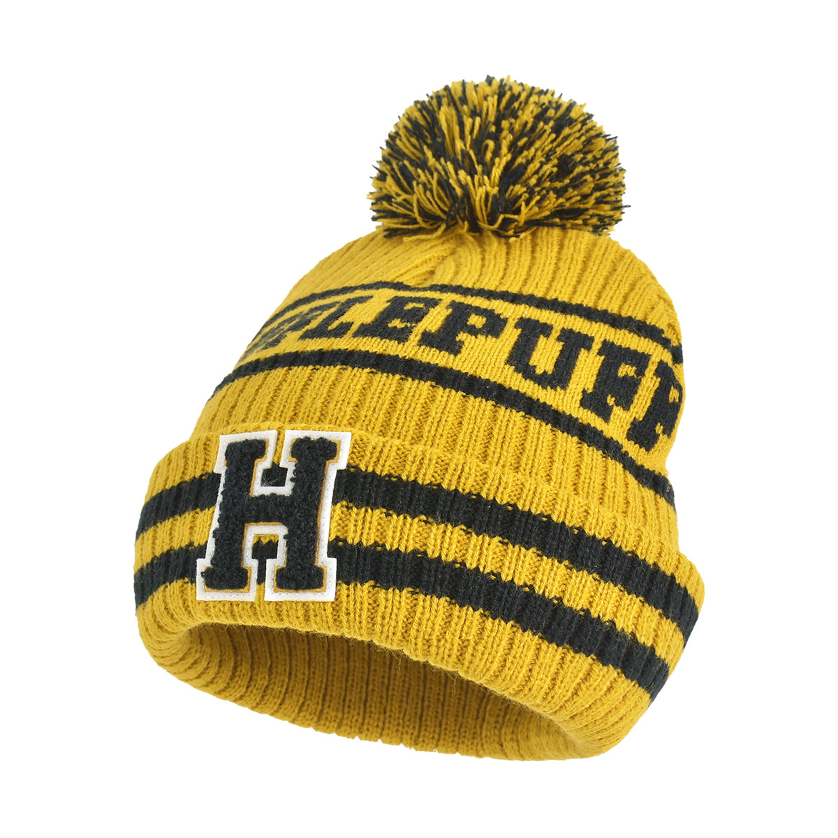 Detailed view of the Hufflepuff beanie cuff featuring the black H logo against the yellow acrylic.