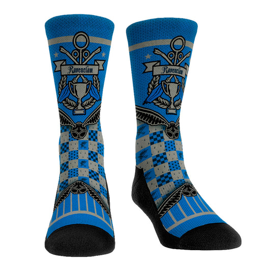A pair of Harry Potter Ravenclaw Quidditch Cup Banner crew socks featuring blue and bronze house colors and the Quidditch Cup emblem.