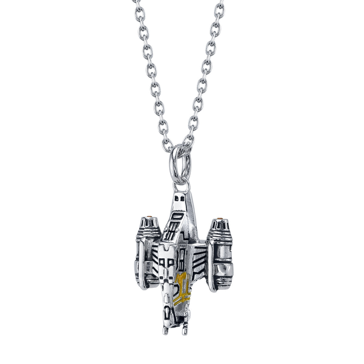 Side view of the 3D sculpted Razor Crest sterling silver ship necklace